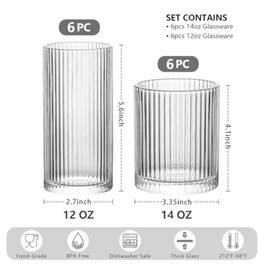 12Piece Ribbed Glassware Set w - Highball Glass Set 리뷰 및 가격